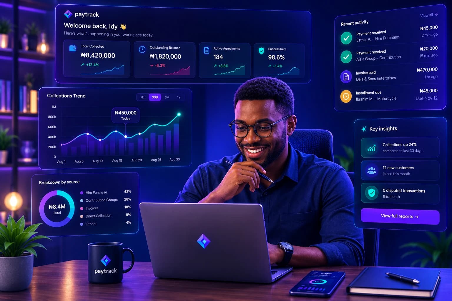 Nigerian business owner reviewing paytrack collections and insights