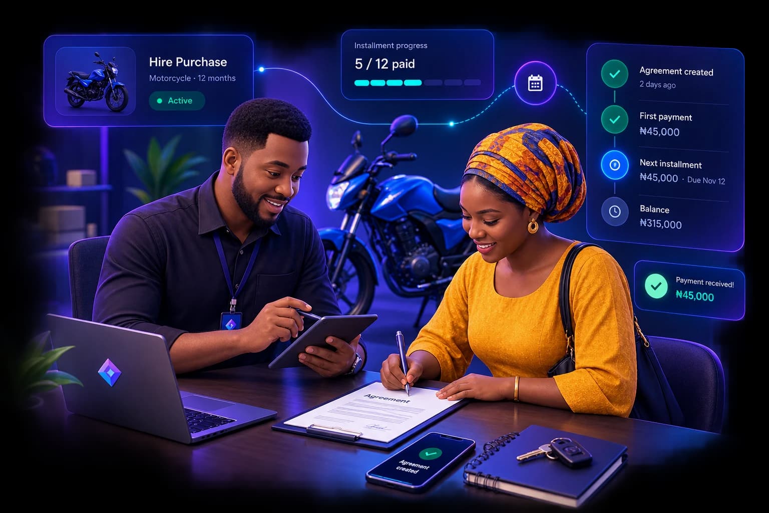 Business operator managing hire purchase installment payments in a showroom